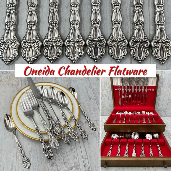 RARE Oneida Chandelier Flatware set, Large Service for 8, Vintage Silverware serving set, Silverware Chest, wedding gift