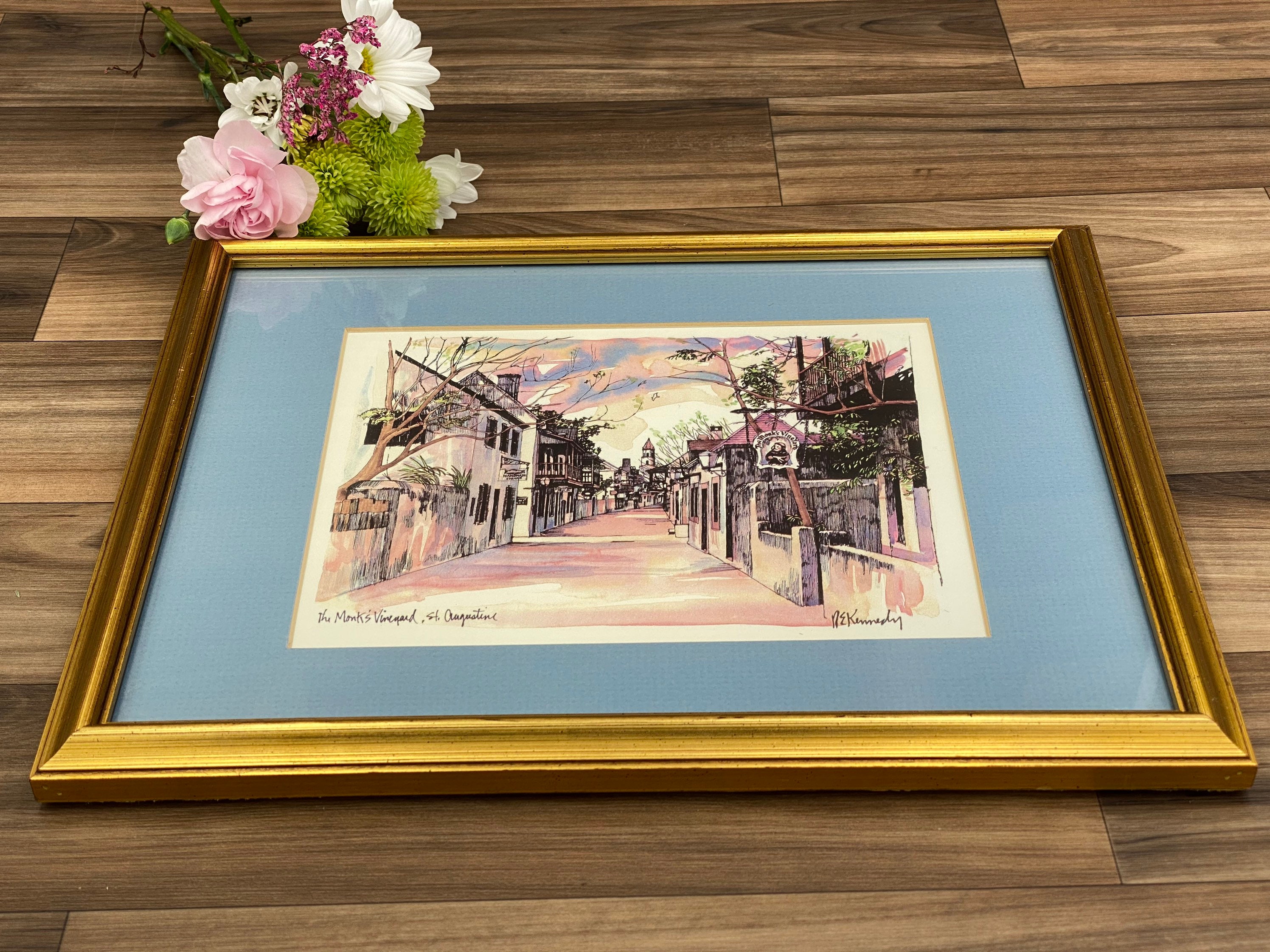 Framed Watercolor Print signed by Artist N E Kennedy Monks Vineyard St