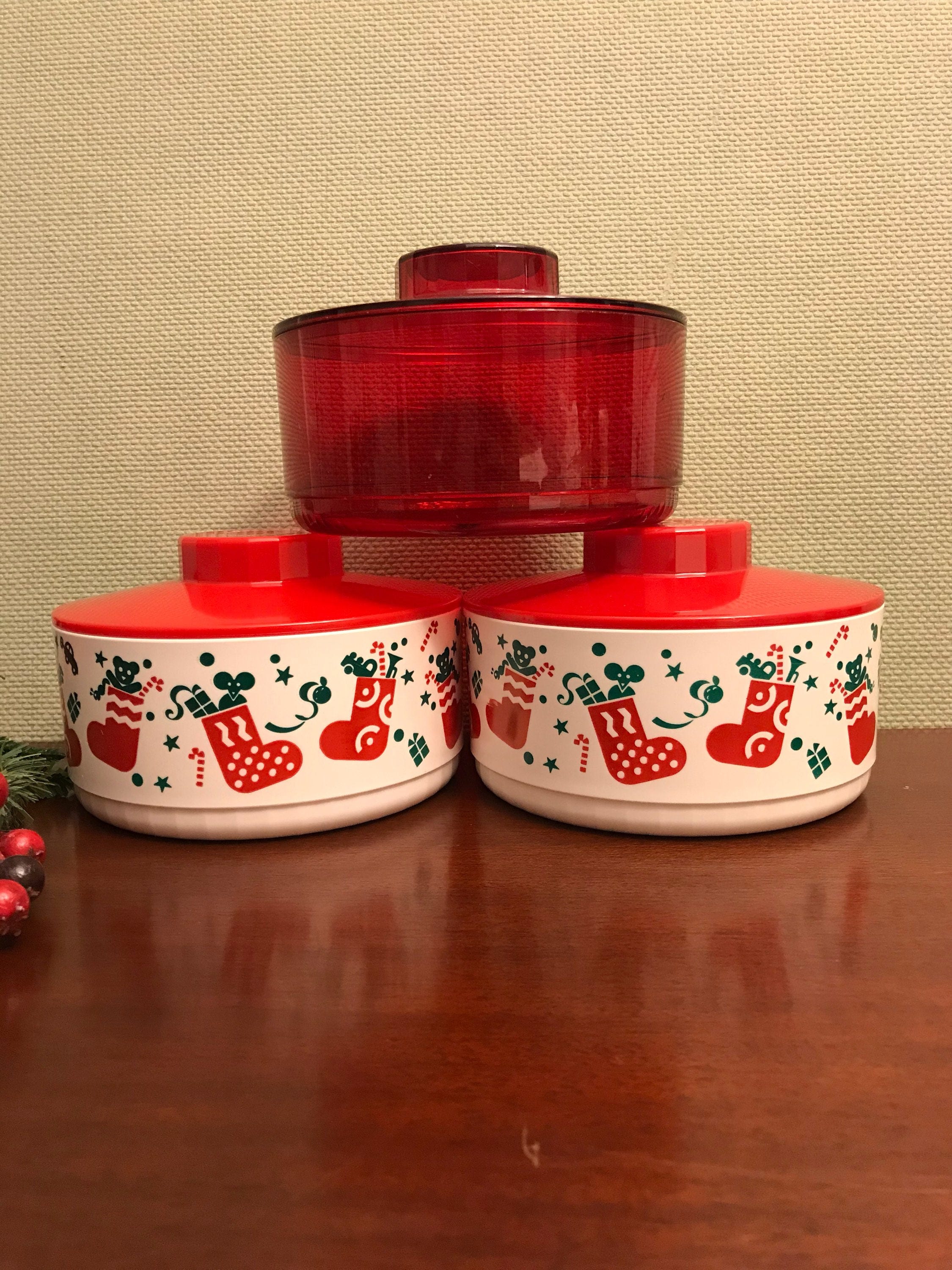 Vintage Tupperware Christmas Canisters, 3 Stacking Cookie containers
