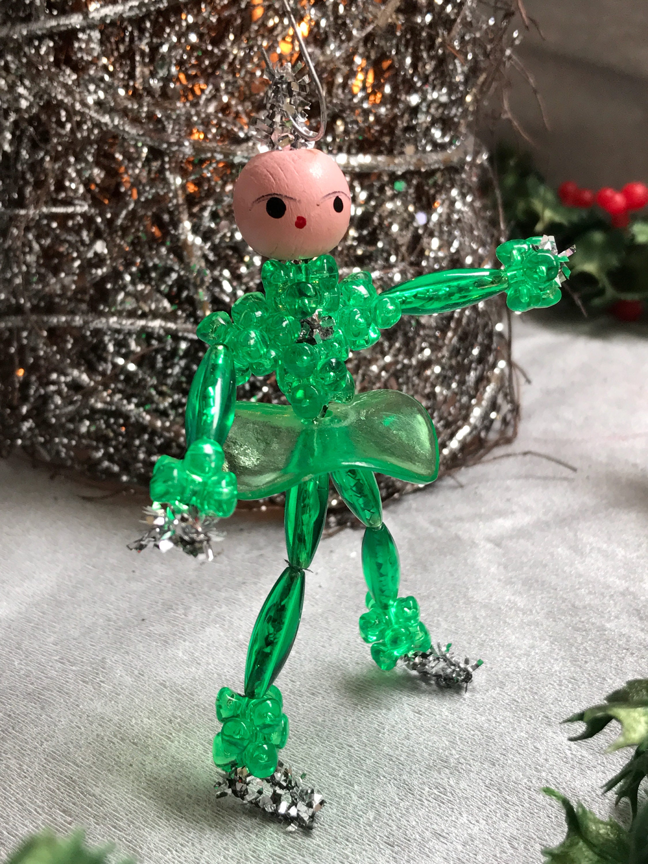 Vintage Ice Skater Ornaments, 1960s Beaded Christmas Ornaments