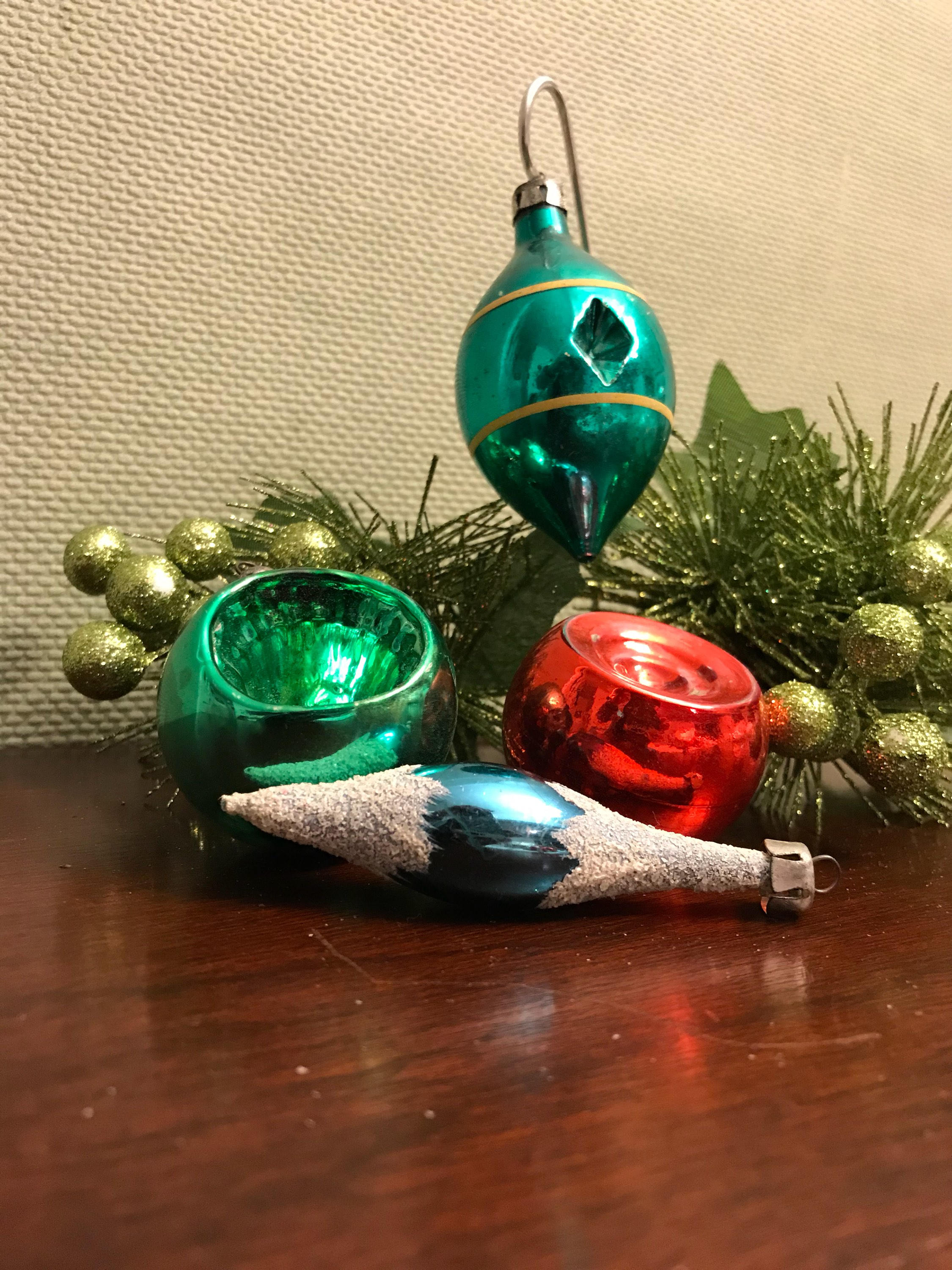 Vintage Glass Christmas Ornaments, mercury Glass Ball ornaments, Indent