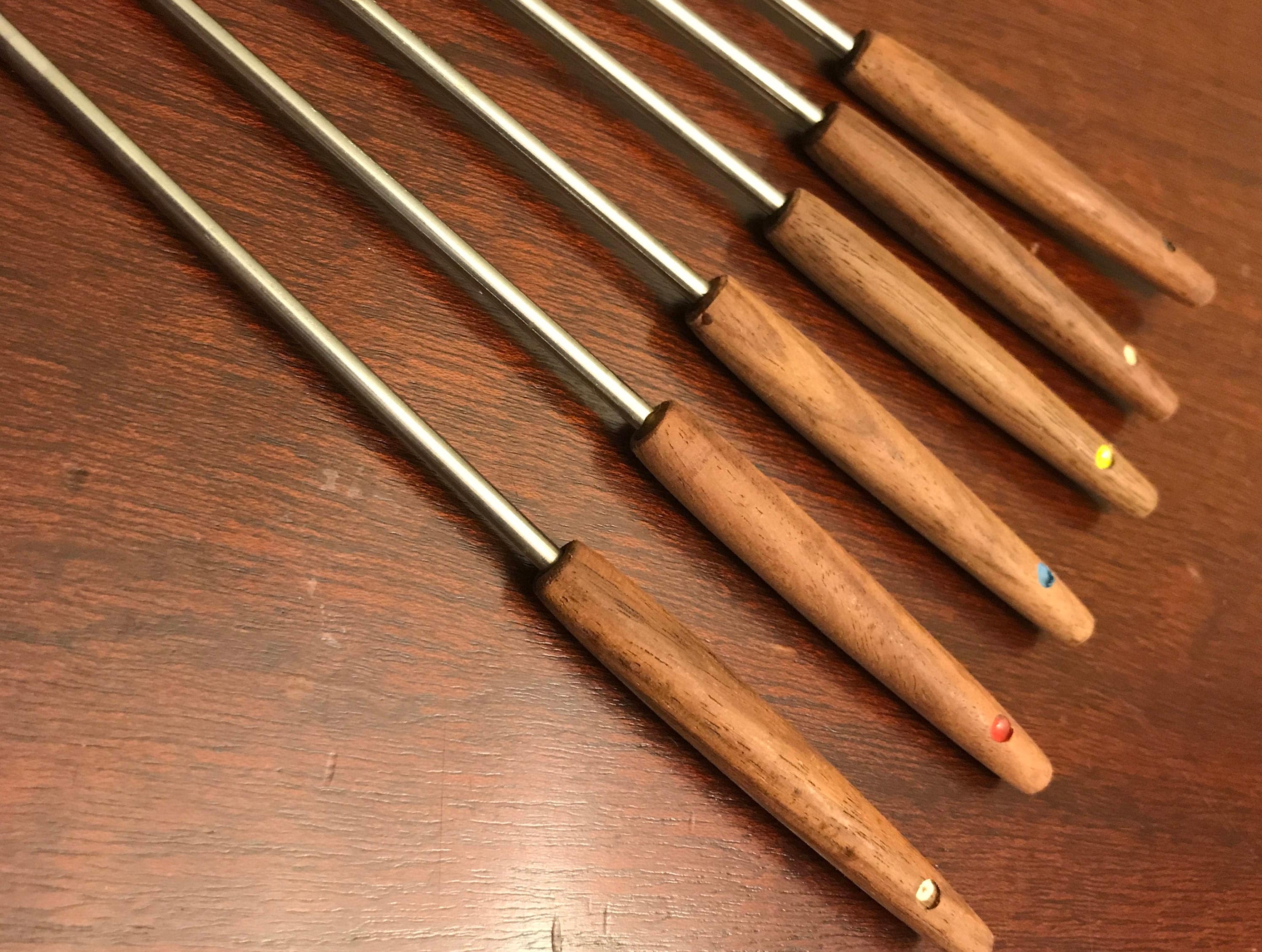 Danish Modern Fondue Forks, Teakwood stainless steel with Color Dots