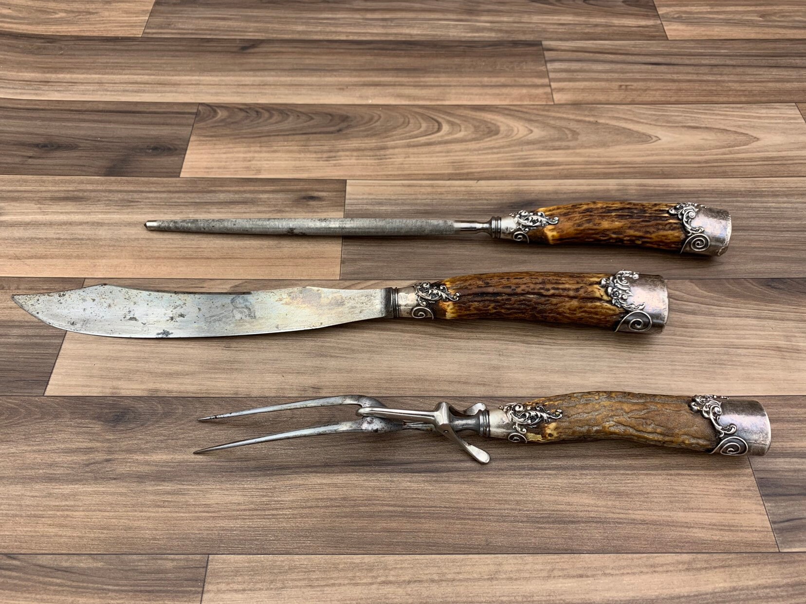 RESERVED Antique Knife set Sterling Handle and Stag Horn Carving Set, American Cutlery