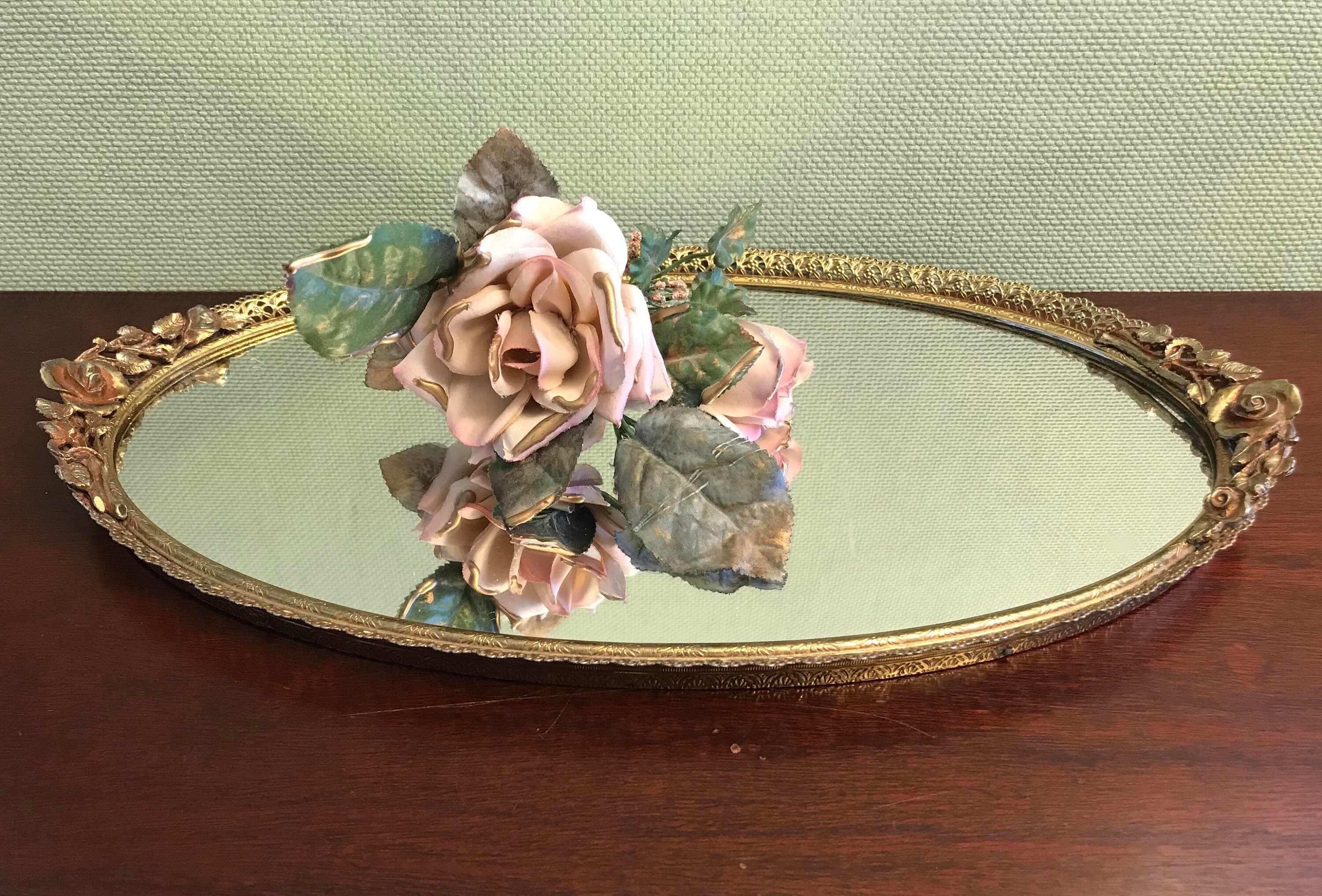Vintage Matson Vantity Set, Matson Roses mirror, Gold dresser