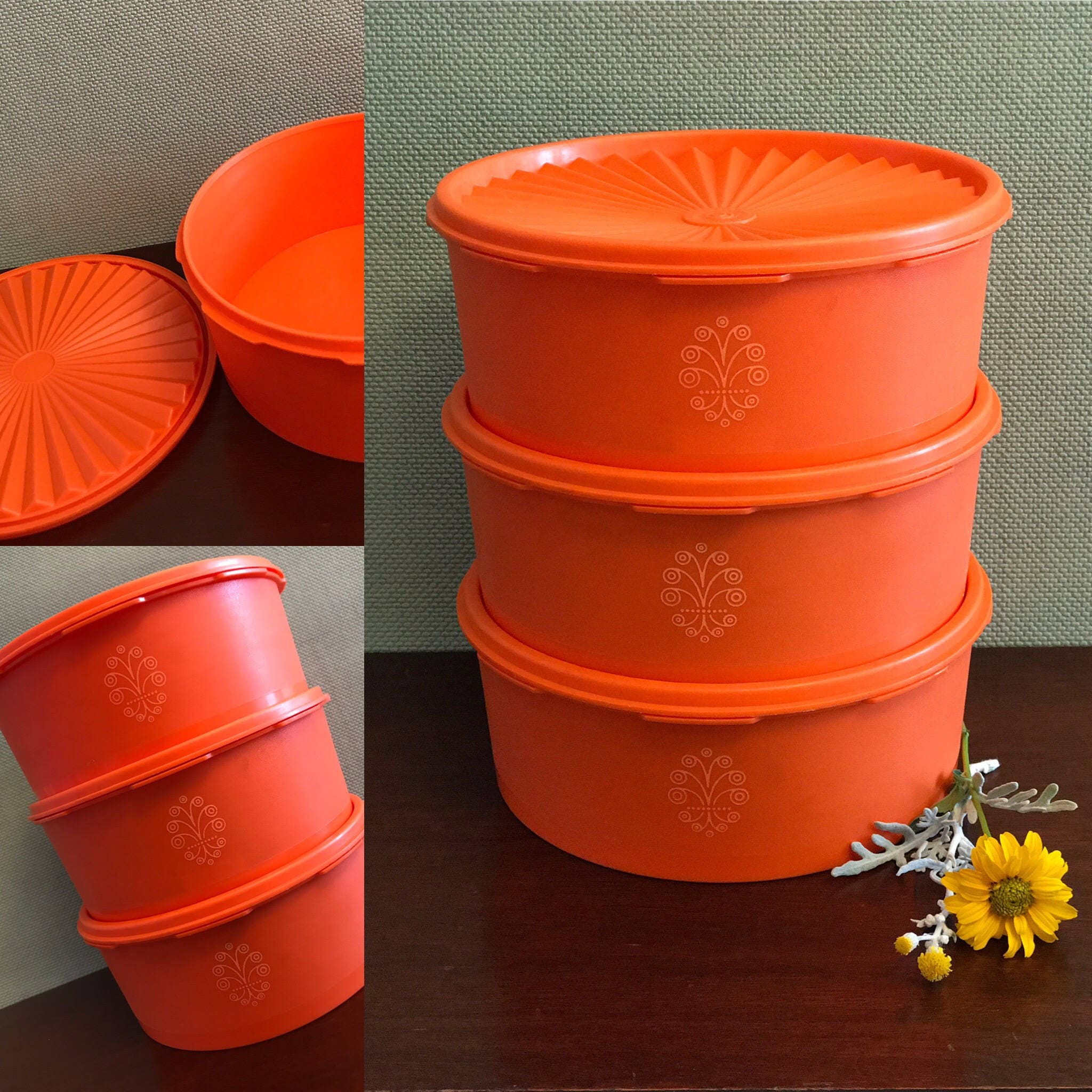 Vintage set of 4 orange Tupperware 2 snack cups small containers with lids  