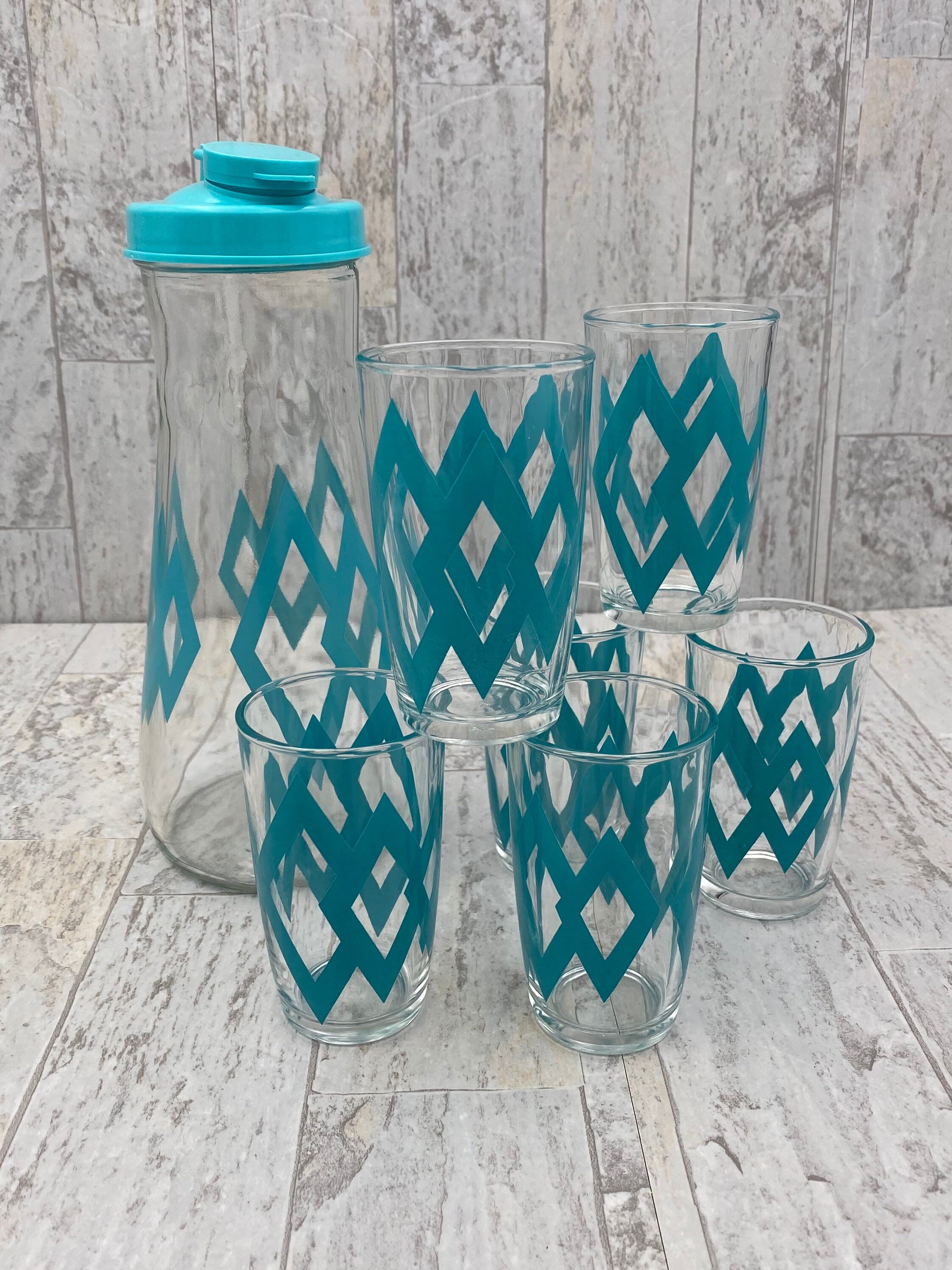 Vintage Atomic Juice Carafe and Glass Set, Mid Century Hazel Atlas