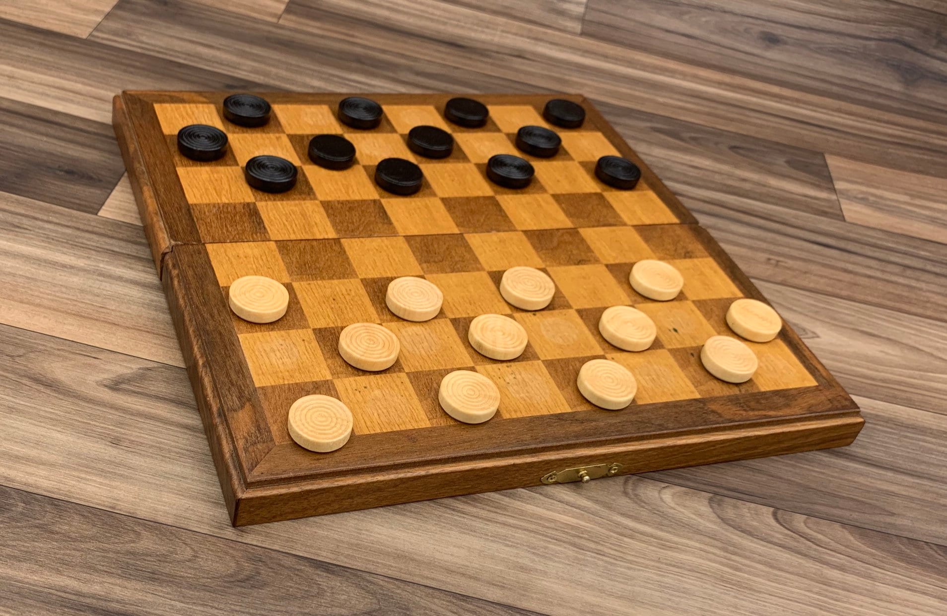 Vintage Wood Checkers Set With Folding Wooden Checkers Board Draughts