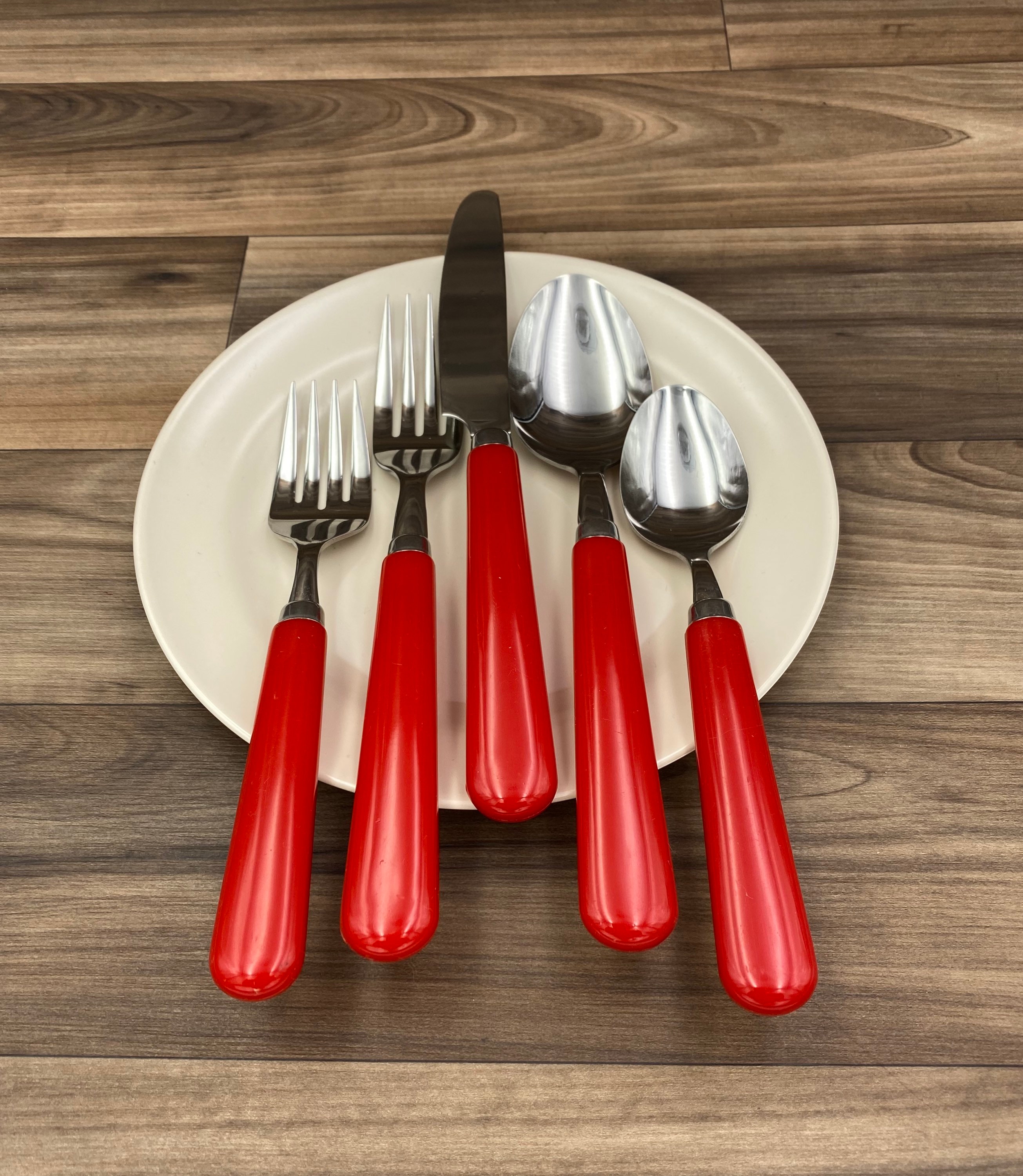 Vintage Flatware Set, Service for 12, Stainless Steel Red Handles