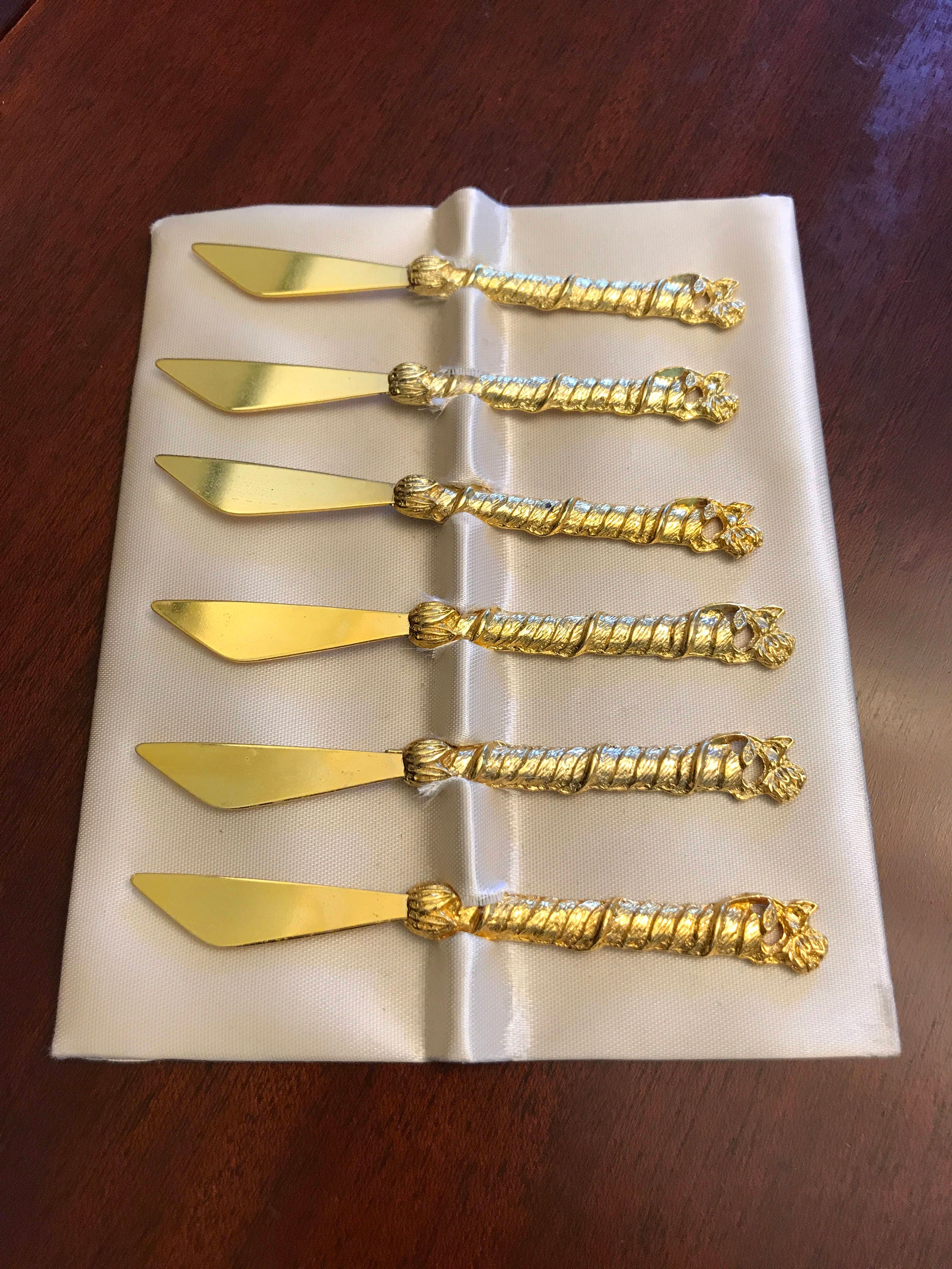 Vintage appetizer knives with ornate gold roses, mini spreaders, gold