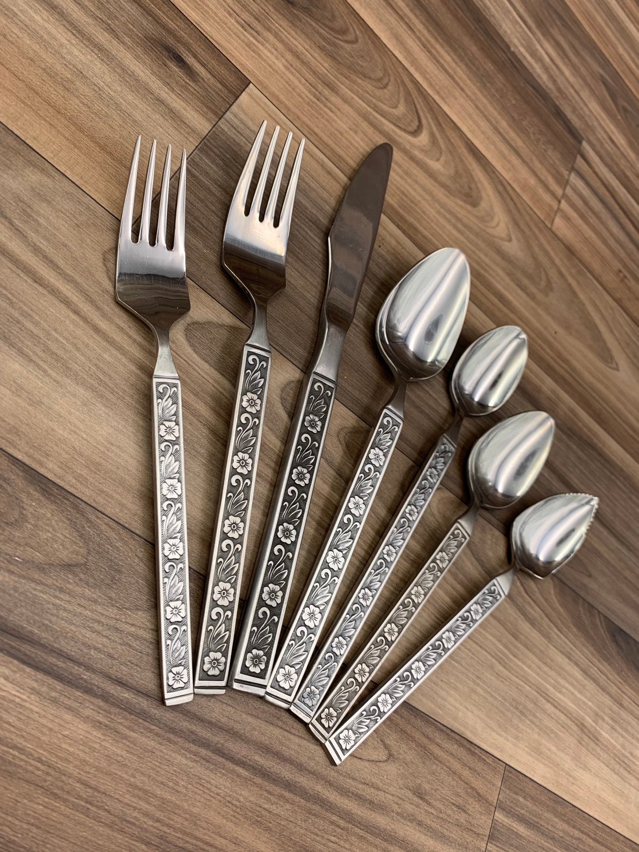 Mid Century Stainless Flatware set, Service for 16, Floral handle MCM