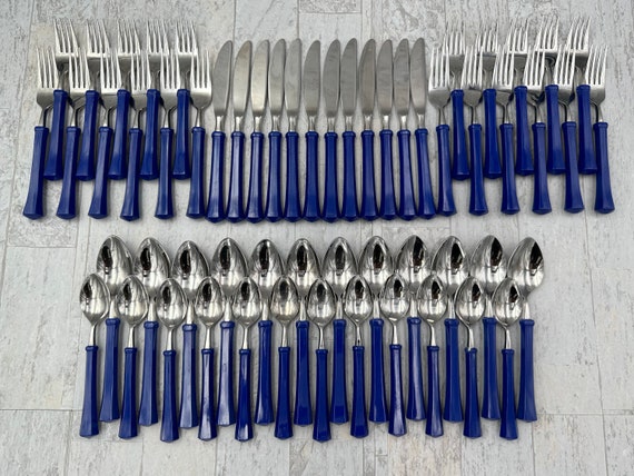 Vintage Flatware set, Rare Oxford Hall PerfectionWear Blue Plastic Handles, Outdoor Entertaining, gift for her