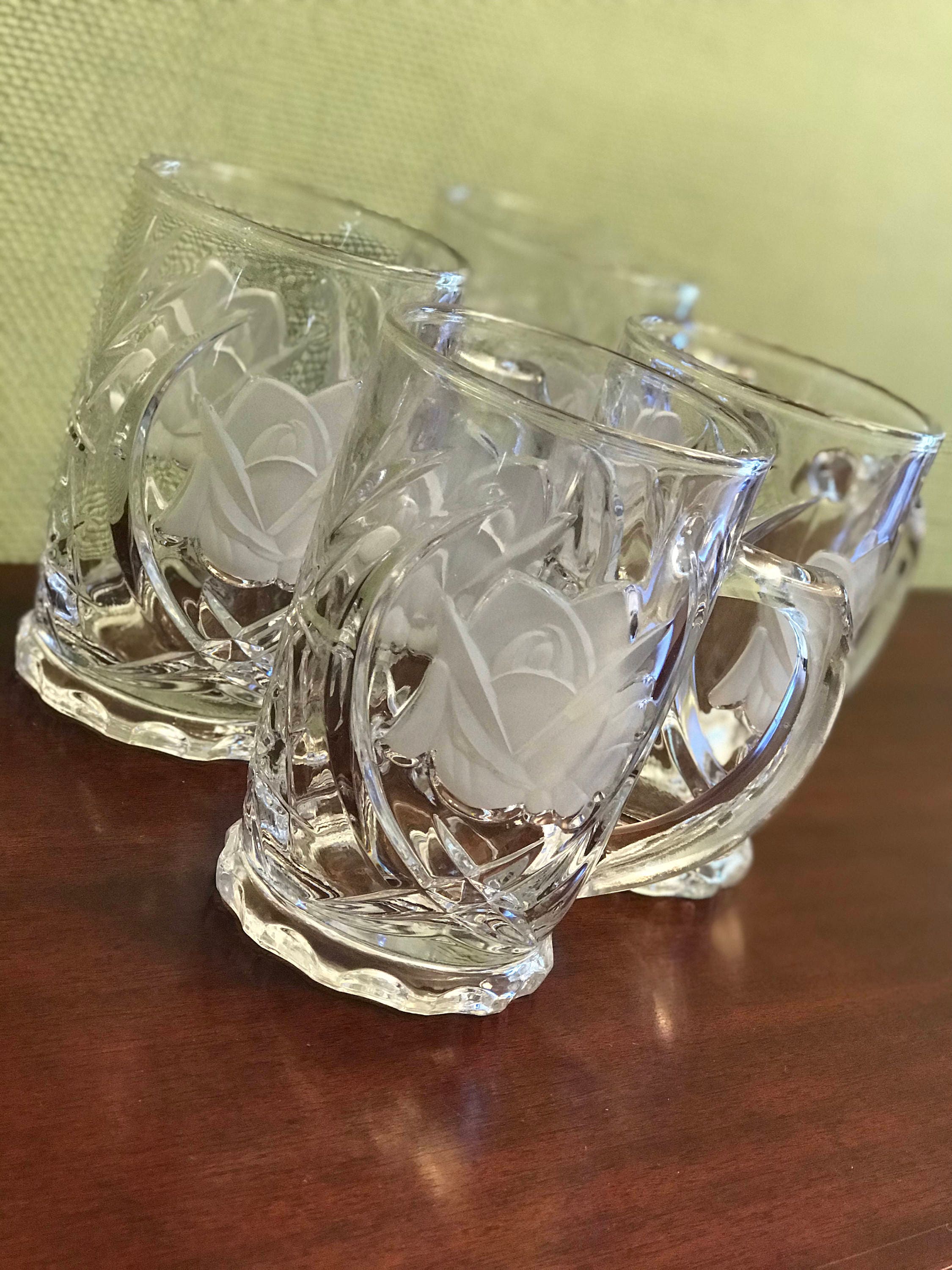 Mikasa Crystal Mugs, frosted glass Roses, 4 Crystal Mugs, Rose Pearls