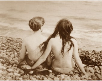 Topless Women on Beach - Quality Reprint of a Vintage Photo