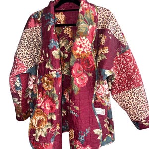 Quilt Coat Jacket - Cabbage Rose Quilt Jacket with shade of Jade green, cream and Leopard Patchwork Floral Vintage Quilt Fits Most