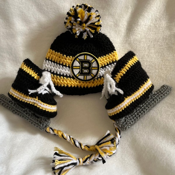 Baby Hockey Set, Hockey Skates and Hockey Hat, Boston Bruins, etc., all Hockey teams available