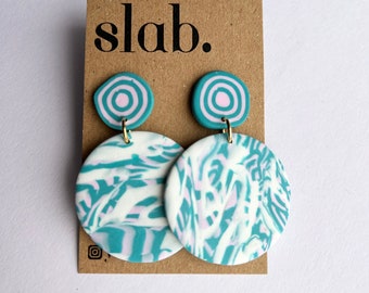 Organic Circle Clay Earrings || Scrap Clay || Blue Pink White || Slab Earrings