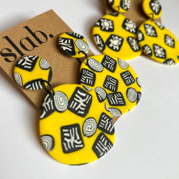 Yellow and Black Dangles || Big Organic Circles || Slab Earrings