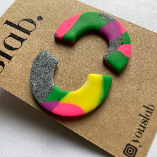 Stud earrings || Neon & grey sparkle || big semi circle studs || Slab earrings