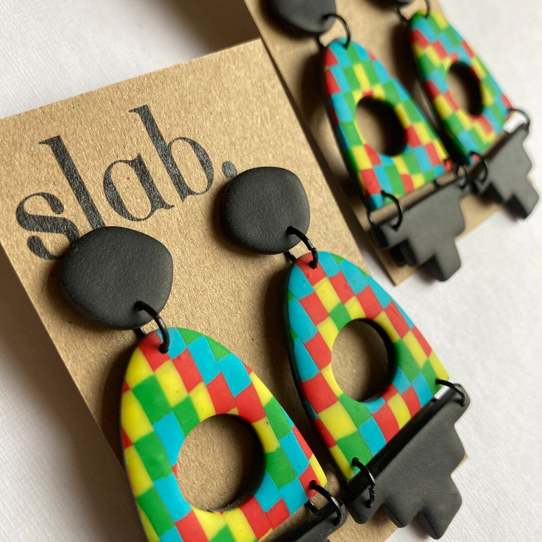 Colourful Chequered Polymer Clay Earrings: Aztec Slab Dangles - Etsy UK