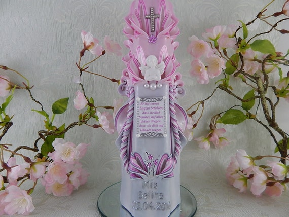 Geschnitzte Taufkerze rosa Taufkerzen für Mädchen personalisierbar mit Name
