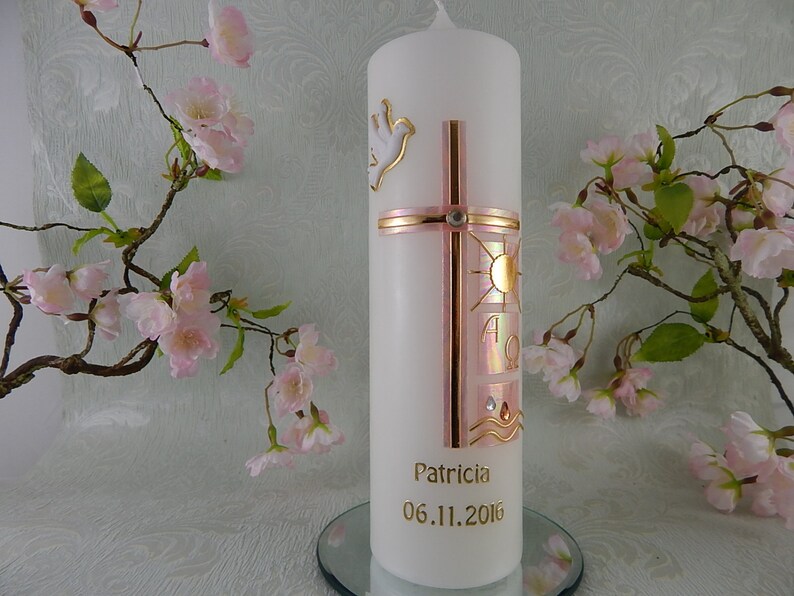 Taufkerze & Kommunionkerze Rosa-Gold - Handgefertigte Kerze 250/70 Mm Mit Spruch
