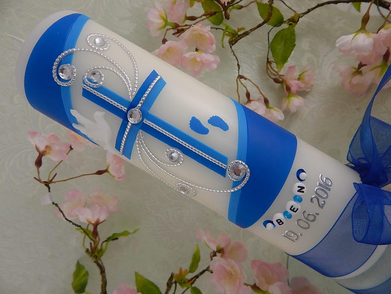 Candela Battesimo Con Scritta - 250x70 Mm, Bianco/Argento, Con Accessori Per Personalizzazione - Foto 3