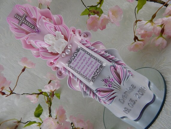 Taufkerze Kerze zur Taufe geschnitzt pink mit Taufspruch Taufkerzen für Mädchen