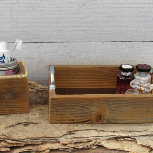 Toothbrush Holder Vanity Tray Rustic Nautical Beach Ocean Theme Bathroom Decor Made From Reclaimed Wooden with Mason Jar