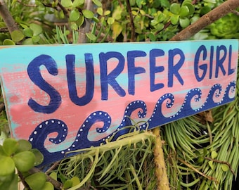 Surfer Girl Sign Beach Ocean Decor Hand Painted Naturally Aged Distressed Wood Painted with Navy Pink and Aqua Colors