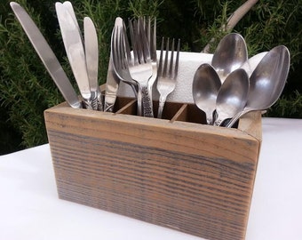 Napkin Holder Silverware Utensil Handmade Rustic Wood Box Shabby Chic Upcycled.