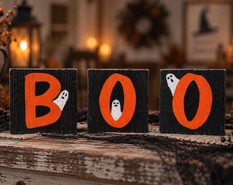 Halloween Wood Block Sign,  BOO, Ghost, Goblin Blocks, Rustic Halloween Decorations, Holiday Housewarming Gift