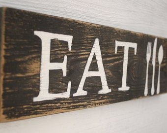 EAT Sign Kitchen Decor Wall Art Fork Knife Spoon Gifts For Mom Handmade Hand Painted Reclaimed Wood Free Shipping