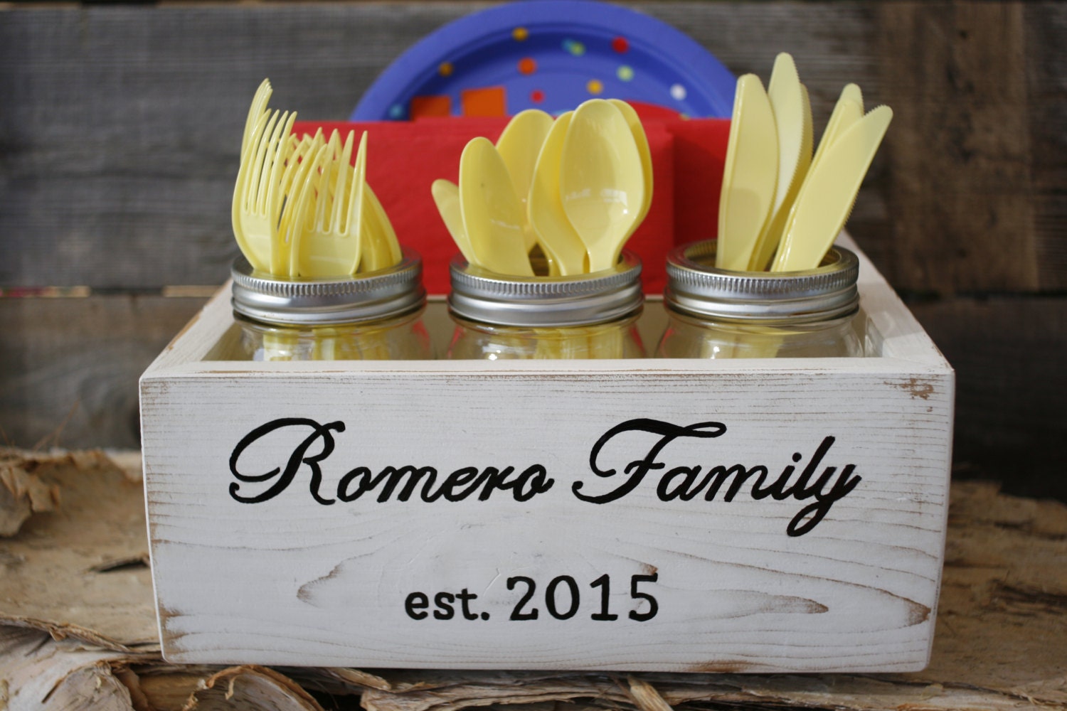 Napkin Holder Paper Plate Silverware Utensil Caddy Mason Jar Etsy