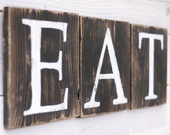 EAT Sign Blocks Country Kitchen Home Decor Farmhouse Pantry Restaurant Coffee Shop Dining Rustic Reclaimed Wood Gift For Her Free Shipping