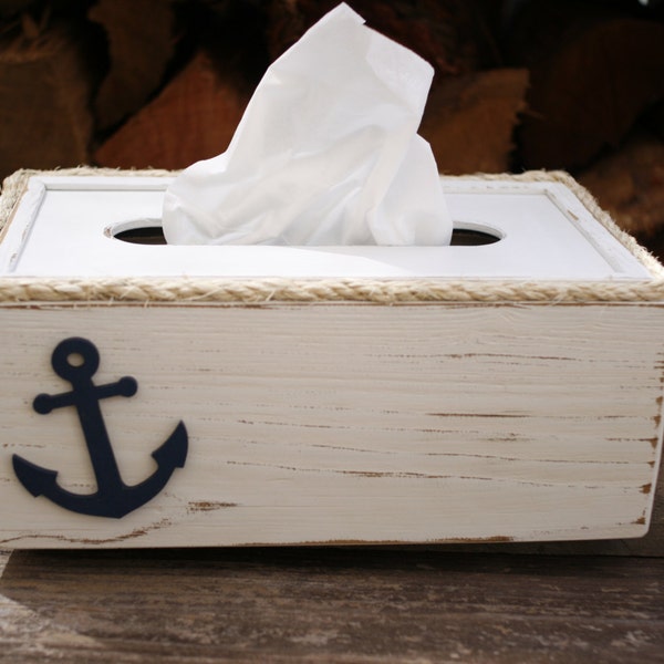 Tissue Box Cover Holder Anchor Nautical Beach Bathroom Decor Reclaimed Upcycled Distressed Wood Free Shipping