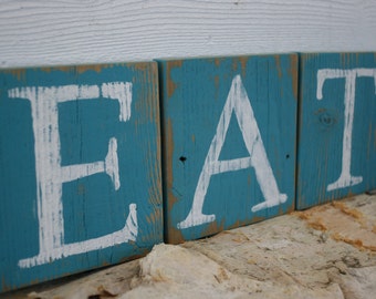 Eat Sign Blocks Rustic Reclaimed Wood Country Kitchen Decor Hand Painted Turquoise Free Shipping