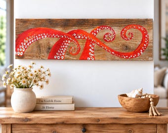 Octopus Wood Wall Art, Octopus Tentacles Art, Nautical Ocean Beach House Decor, Rustic Home Decor