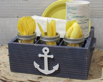 Tableware Holder | Utensil Caddy | Picnic Decor | Silverware Caddy | Mason Jar | Beach Coastal Kitchen Decor | Kitchen Storage Free Shipping