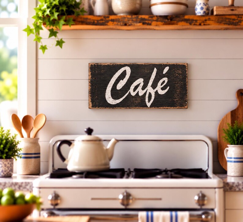 K&ouml;nnte beinhalten: Ein rechteckiges Wand-Schild aus Holz mit abgenutzter schwarzer Oberfl&auml;che und dem Wort Caf&eacute; in wei&szlig;er Schreibschrift. Das Schild weist eine verwitterte Textur auf und ist an einer wei&szlig;en Wand mit horizontalen Paneelen &uuml;ber einem Herd montiert.
