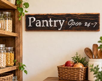 Könnte beinhalten: Ein rechteckiges, dunkelbraunes Holzschild mit abgenutzten Kanten und dem weiß aufgemalten Text Pantry Open 24-7. Das Schild weist eine sichtbare Holzmaserung auf und ist an einer schlichten Wand über einem Korb mit Lebensmitteln angebracht.