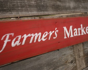 Farmers Market Sign Rustic Reclaimed Wood Country Kitchen Decor Hand Painted Red Distressed