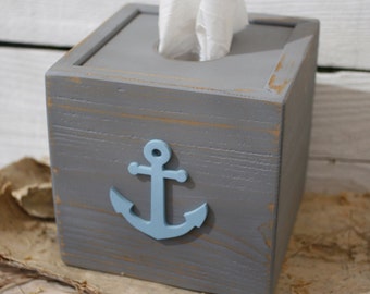 Tissue Box Cube Gray Cover Aqua Anchor Nautical Coastal Beach Decor Handmade Reclaimed Naturally Aged Distressed Wood