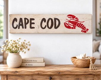 Cape Cod Lobster Wood Sign, New England Decor, Coastal, Beach House Sign, Rustic Nautical Home Decor, Housewarming Gift