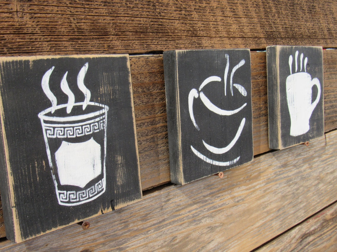 Coffee Cup Art Original Hand Painted Wooden Blocks Sign Reclaimed Wood ...