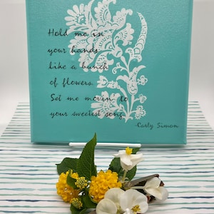 Bohemian Style, Hand Painted Lyric Art, Small 8 x 8 Original Art, Song Lyrics, Teal and White, Art Deco, Stencil flower bouquet