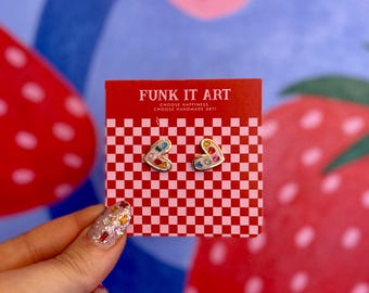 Colorful Gem-Heart Stud Earrings Polymer Clay Statement Jewelry