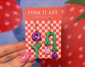 Whimsical Dopamine Garden Statement Earrings – Funky & Playful Handmade Jewelry Dark Green