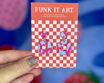Retro Pink & Blue Donut Dangle Earrings – Handmade Polymer Clay Statement Earrings