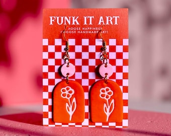 Orange and Light Pink Floral Arch Dangle Earrings | Funk It Art l Retro Festival Jewelry l Flowers l Garden Earrings