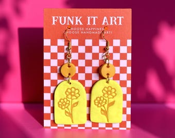 Yellow and Mustard Arch Dangle Floral Earrings | Funk It Art l Retro Festival Jewelry l Flowers l Garden Earrings l Light Orange